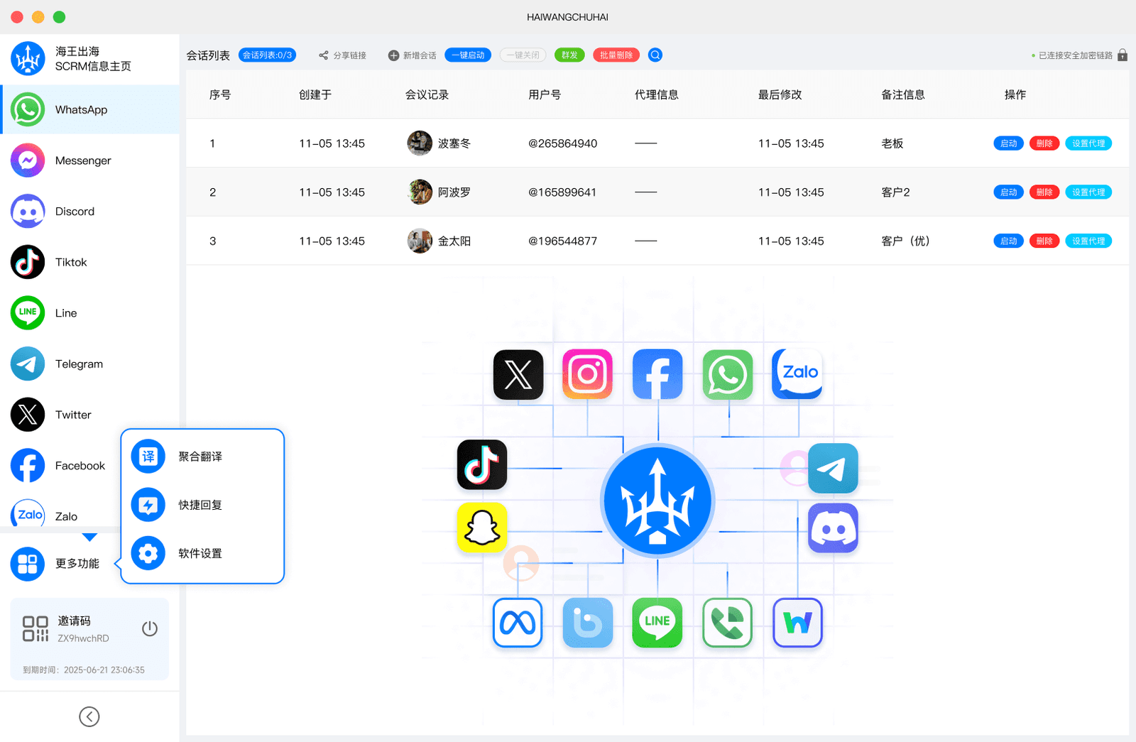 海王出海会话列表界面,左侧为多个社交应用,主区域展示账号、备注及会话操作